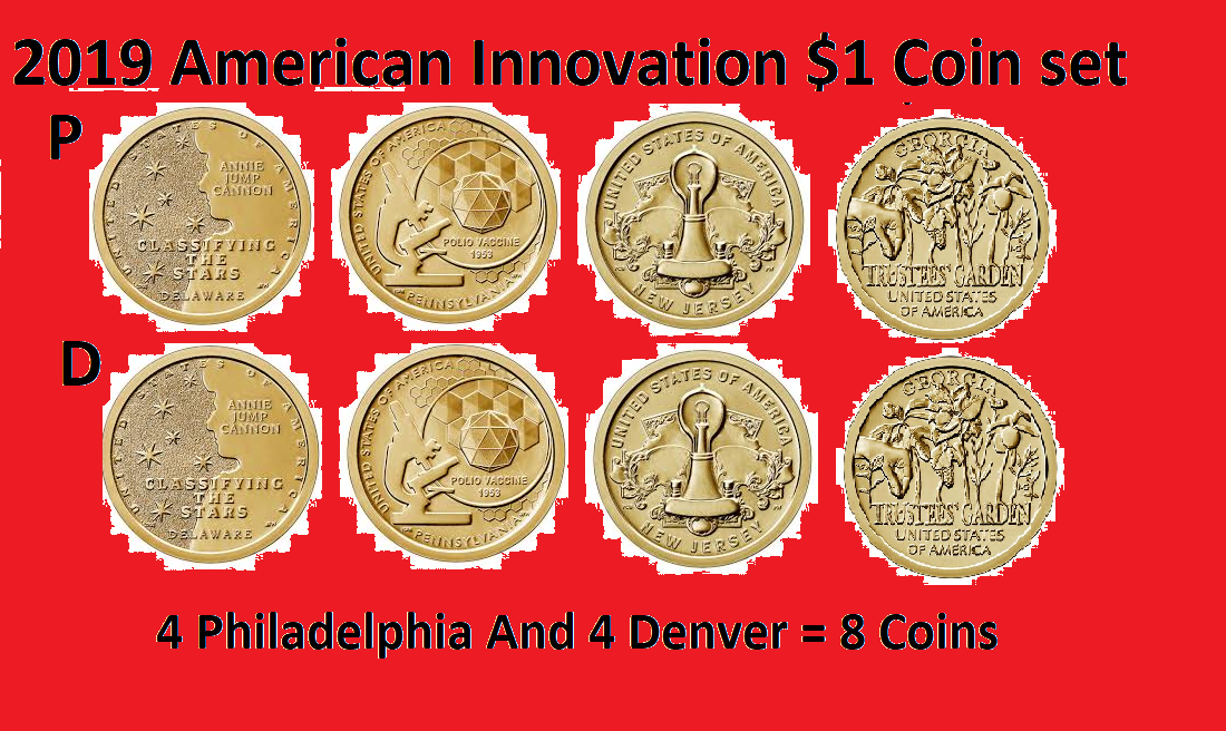 Complete 2019 P & D American Innovation Dollar 8 Coin Set